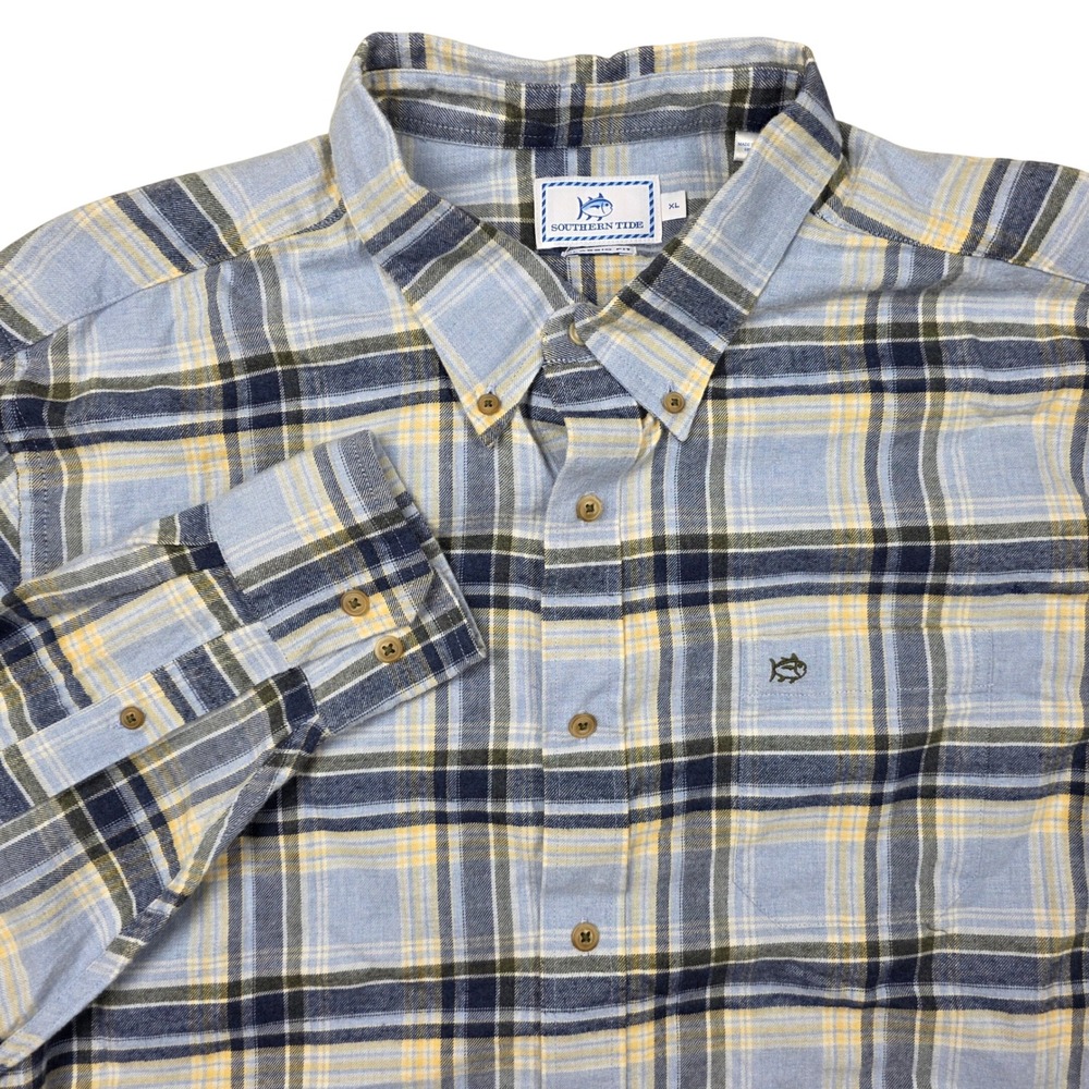 Southern Tide Classic Fit Plaid Button Down Shirt Mens XL Light Blue Camp Fish